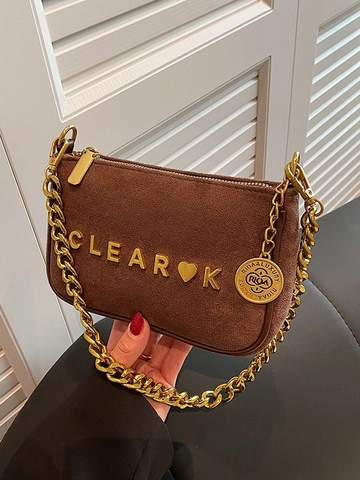 Borsa a Tracolla Piccola Quadrata Effetto Pelle Scamosciata PU Per Donna Con Lettere in Metallo Simbolo del Cuore Catena Grossa