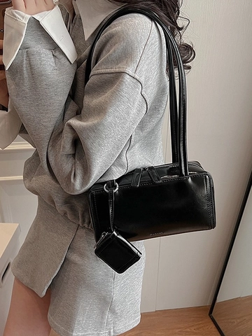Borsa Sottobraccio in Pelle PU Minimalista Donna Tinta Unita Rettangolare Con Mini Bustina per Pendolarismo Quotidiano