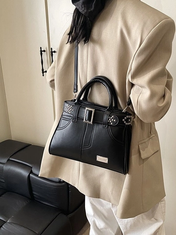 Borsa a Mano da Donna in Pelle PU Alla Moda Con Rivetti e Fibbia Borsa a Tracolla Trendy Con Tracolla Rimovibile