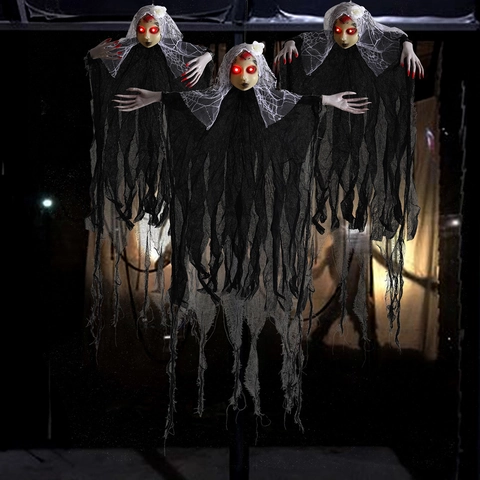Halloween Hängende Leuchtende Geisterbraut Dekoration Mit Roten LED Augen Spitzenschleier Schwarzes Fetzenhemd Gruselhaus Party Requisiten