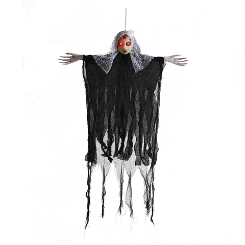 Halloween Hängende Leuchtende Geisterbraut Dekoration Mit Roten LED Augen Spitzenschleier Schwarzes Fetzenhemd Gruselhaus Party Requisiten