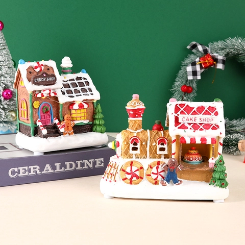 LED Weihnachten Lebkuchenhaus Ornamente Harz Leuchtende Musik Schneehaus Zug Für Weihnachtsfeier Deko Geschenke