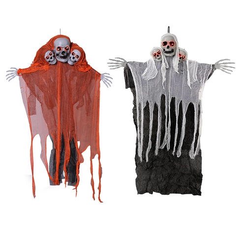 Halloween Geräuschaktivierter Leuchtender Dreiköpfiger Skelett Hängegeist Requisite Horror Geist Für Secret Room Party Dekoration
