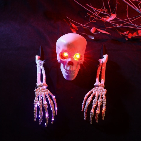 Halloween Esqueleto Luminoso Estacas Con LED Caja De Batería Impermeable Cráneo Y Manos Exterior Jardín Césped Decoración
