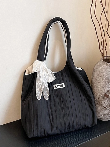 Dames Gekreukte Geplooide Tote Bag Met Kant Boog Love Label Grote Capaciteit Mode Casual Stof Schoudertas