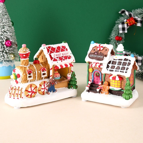 LED Weihnachten Lebkuchenhaus Ornamente Harz Leuchtende Musik Schneehaus Zug Für Weihnachtsfeier Deko Geschenke