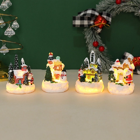 Christmas Luminous Resin Mini Snow House LED Warm Light Santa Claus Snowman Miniature Landscape Festive Tabletop Decor Gift