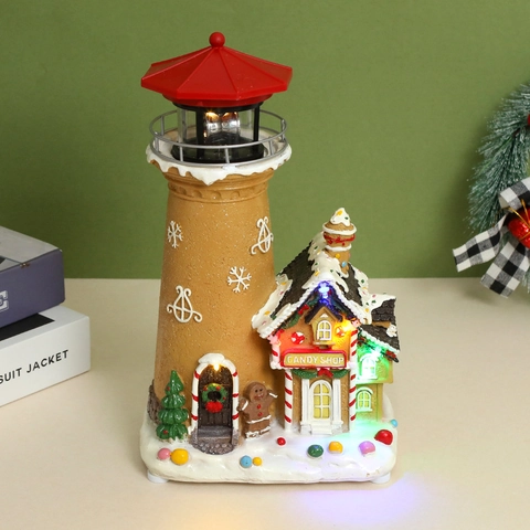 Christmas Music House LED Glowing Lighthouse Resin Candy Shop Snow Scene Micro Landscape Desktop Ornament Holiday Gift