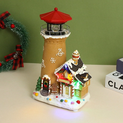 Christmas Music House LED Glowing Lighthouse Resin Candy Shop Snow Scene Micro Landscape Desktop Ornament Holiday Gift