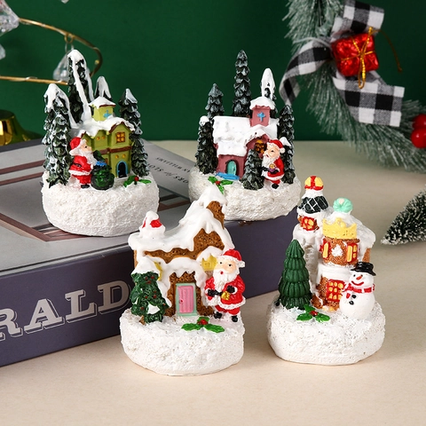 Christmas Luminous Resin Mini Snow House LED Warm Light Santa Claus Snowman Miniature Landscape Festive Tabletop Decor Gift