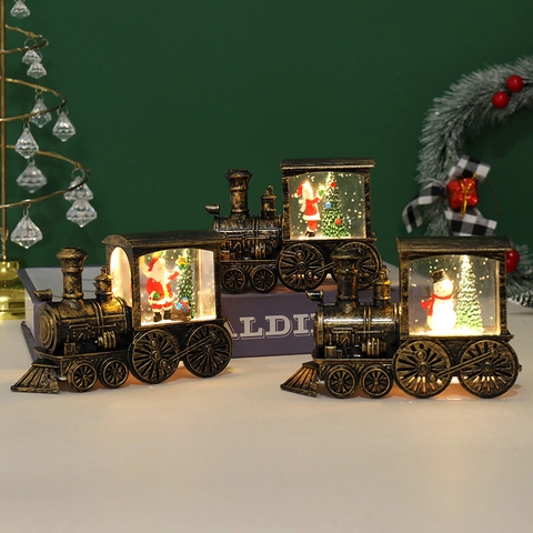 Vintage Noël LED Lumineux Train Boule À Neige Ornement Père Noël Bonhomme De Neige Décoratif Miniature Lampe Cadeau De Vacances Décoration