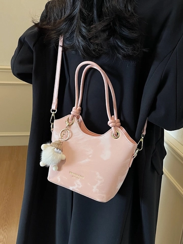 Women Stylish PU Leather Shoulder Bag Marble Texture Large Capacity Commuting Tote Crossbody Bag With Fluffy Charm