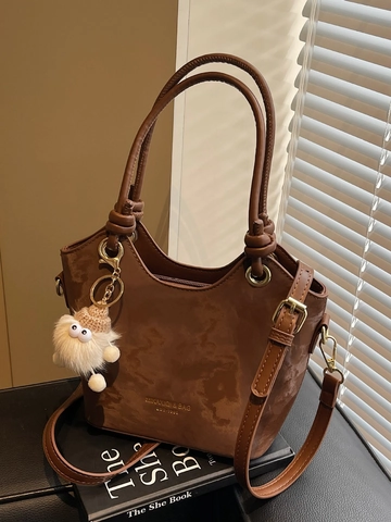 Women Stylish PU Leather Shoulder Bag Marble Texture Large Capacity Commuting Tote Crossbody Bag With Fluffy Charm