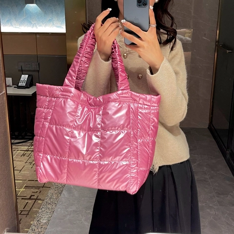 Metallic Quilted Puffer Tote Bag For Women Large Capacity Space Cotton Handbag With Ruched Handles Soft Lightweight Shoulder Bag