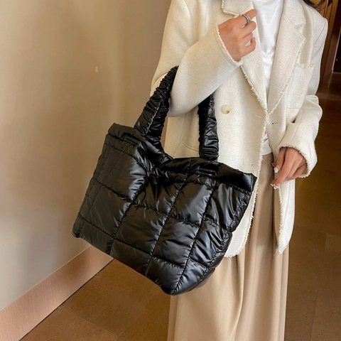 Metallic Quilted Puffer Tote Bag For Women Large Capacity Space Cotton Handbag With Ruched Handles Soft Lightweight Shoulder Bag