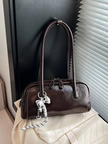 Women Vintage Glossy PU Leather Boston Shoulder Bag Contrast Stitching Underarm Handbag With Bow Heart Charm For Daily