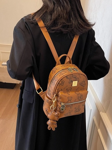 Women's Mini PU Leather Backpack With Cute Teddy Bear Print Fashion Casual College Style Small Travel Daypack Rucksack