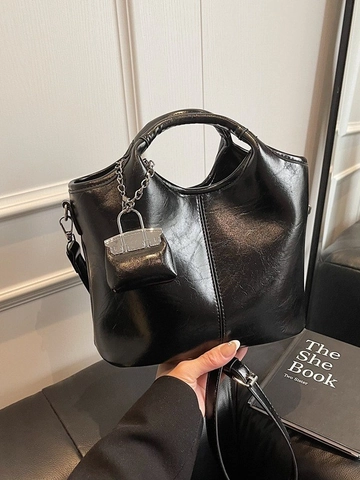 Women Vintage PU Leather Bucket Bag Casual Crossbody Shoulder Bag With Detachable Strap And Mini Bag Pendant Fashion Bag