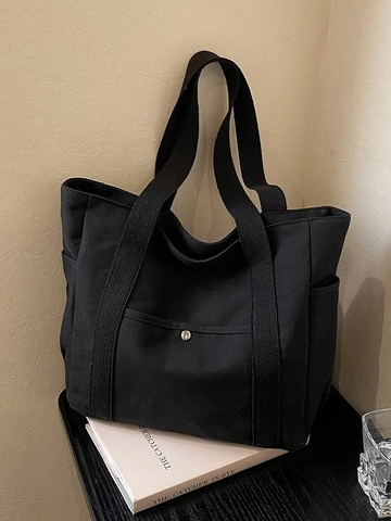 Bolso de Mano Grande de Lona para Mujer Minimalista Color Sólido Bolso de Hombro Con Bolsillo Frontal de Presión de Metal Bolso Casual Versátil
