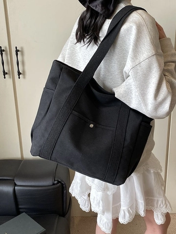 Bolso de Mano Grande de Lona para Mujer Minimalista Color Sólido Bolso de Hombro Con Bolsillo Frontal de Presión de Metal Bolso Casual Versátil