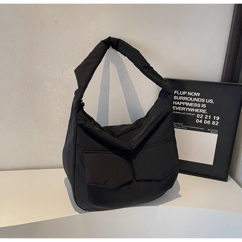 Women Large Capacity Puffer Shoulder Bag Quilted Polyester Tote Bag With Double Front Pockets Casual Hobo Crossbody Bag