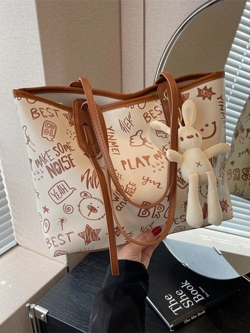 Damen Große Kapazität Tote Bag Mode Graffiti Druck PU Leder Schultertasche Mit Kaninchen Plüsch Anhänger Täglich Handtasche