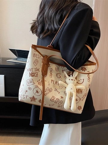 Damen Große Kapazität Tote Bag Mode Graffiti Druck PU Leder Schultertasche Mit Kaninchen Plüsch Anhänger Täglich Handtasche