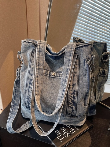 Borsa Tote in Denim Lavato Vintage per Donna Grande Capacità Borsa a Tracolla Casual Con Tasche Multiple Borsa a Mano Retro