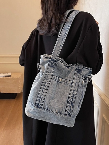 Borsa Tote in Denim Lavato Vintage per Donna Grande Capacità Borsa a Tracolla Casual Con Tasche Multiple Borsa a Mano Retro