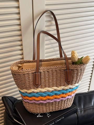 Bolso Tote Grande de Paja Tejida para Mujer Bloques de Color Arcoíris Bolso de Hombro para Playa Con Asas de Cuero PU