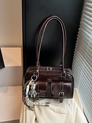Fashion Women Glossy PU Leather Underarm Bag Retro Double Pocket Shoulder Bag With Bear Charm Versatile Casual Handbag