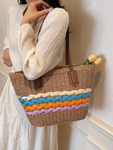 Bolso Tote Grande de Paja Tejida para Mujer Bloques de Color Arcoíris Bolso de Hombro para Playa Con Asas de Cuero PU
