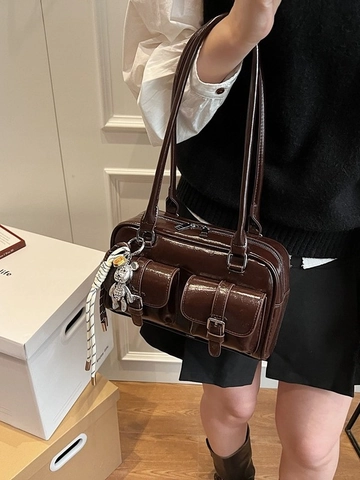 Fashion Women Glossy PU Leather Underarm Bag Retro Double Pocket Shoulder Bag With Bear Charm Versatile Casual Handbag