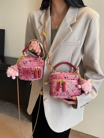 Women Tweed Box Shoulder Bag Quilted Chain Crossbody Handbag With Sequin And Plush Monster Pendant Elegant Vintage Top Handle Bag