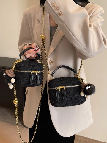 Women Tweed Box Shoulder Bag Quilted Chain Crossbody Handbag With Sequin And Plush Monster Pendant Elegant Vintage Top Handle Bag