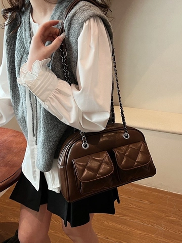 Borsa a Spalla in Pelle PU Trapuntata Vintage per Donna Borsa a Cuscino a Rombi di Grande Capacità Borsa a Catena Sotto l'Ascella