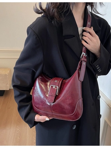Vintage PU Leather Underarm Shoulder Bag Large Capacity Solid Color Hobo Bag With Metal Buckle Adjustable Strap For Women Daily Office Fashion