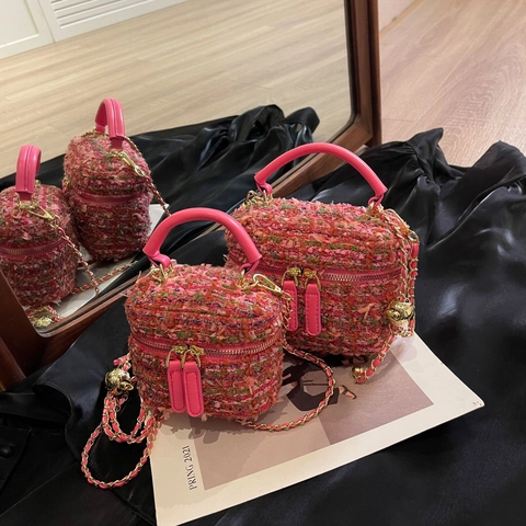 Sac Bandoulière Carré en Tweed Élégant pour Femmes Avec Chaîne Dorée Sac à Épaule Boule Métallique Réglable Mini Sac à Main
