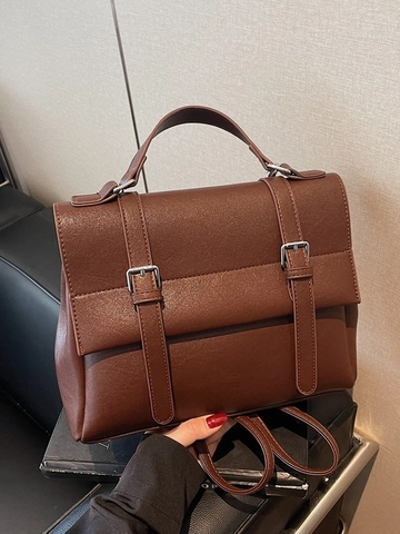 Zaino Vintage in Pelle PU da Donna Borsa da Scuola Design a Doppia Fibbia Borsa a Mano a Patta Borsa a Tracolla Moda Pendolare Quotidiana