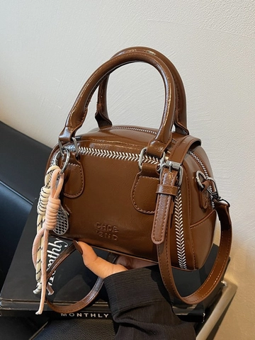 Women's Retro Mini Boston Bag PU Leather Crossbody Bag With Contrast Stitching And Decorative Charm Trendy Shoulder Handbag