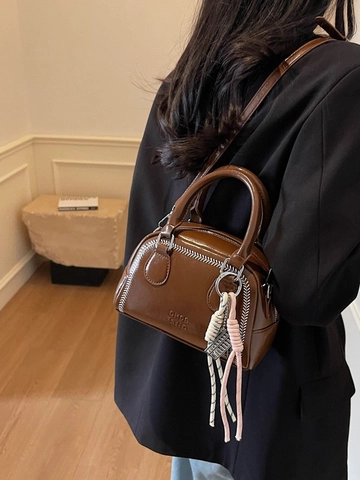 Women's Retro Mini Boston Bag PU Leather Crossbody Bag With Contrast Stitching And Decorative Charm Trendy Shoulder Handbag