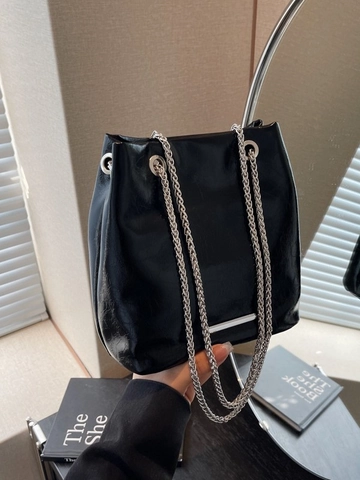 Fashion Women Bucket Bag Glossy PU Leather With Double Silver Chain Strap Crinkled Texture Crossbody Shoulder Bag