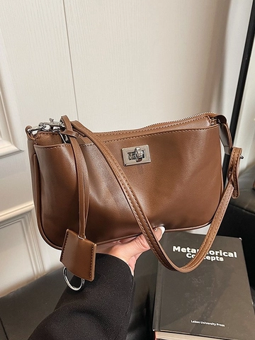 Borsa a Tracolla da Donna in Pelle PU Minimalista Retrò Borsa a Spalla Vintage Con Lucchetto in Metallo e Dettagli di Cucitura