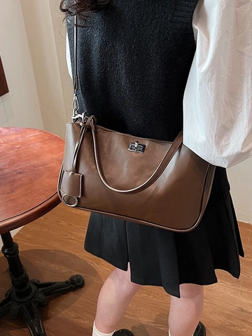 Borsa a Tracolla da Donna in Pelle PU Minimalista Retrò Borsa a Spalla Vintage Con Lucchetto in Metallo e Dettagli di Cucitura