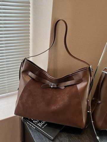 Borsa Tote in Pelle PU Grande Capacità Stile Vintage Maillard Per Donna Borsa a Spalla Retro Cuciture Scamosciate Con Serratura