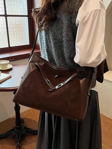Borsa Tote in Pelle PU Grande Capacità Stile Vintage Maillard Per Donna Borsa a Spalla Retro Cuciture Scamosciate Con Serratura