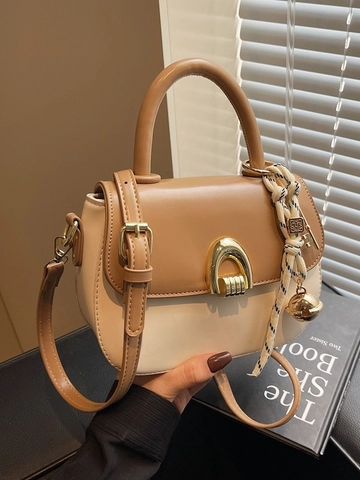 Borsa a Sella da Donna in Pelle PU con Fibbia a Ferro di Cavallo Oro Borsa a Tracolla a Contrasto con Ciondolo a Sciarpa