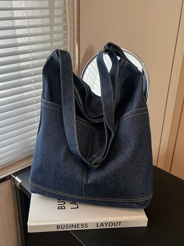 Große Kapazität Denim Einkaufstasche Für Damen Lässige Vintage Kontrastnähte Schultertasche Umhängetasche Shopping Bag Hobo Handtasche