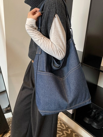 Große Kapazität Denim Einkaufstasche Für Damen Lässige Vintage Kontrastnähte Schultertasche Umhängetasche Shopping Bag Hobo Handtasche