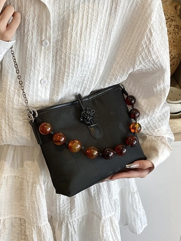 Borsa a Secchiello in Raso Stile Cinese Con Ricamo Floreale Bottone a Nodo Manico in Perline Catena in Metallo Tracolla Donna Elegante Borsa a Mano